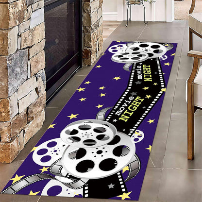 Movie Room Runner Rug,2x7ft,Film Ticket Reels and Popcorn Patchwork Patterned Rugs,Movie Night Theme,Non-Slip Door Mat for Kitchen, Hallway, Playroom, Nursery, Yoga Mat