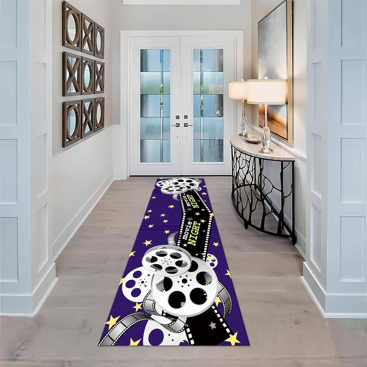 Movie Room Runner Rug,2x7ft,Film Ticket Reels and Popcorn Patchwork Patterned Rugs,Movie Night Theme,Non-Slip Door Mat for Kitchen, Hallway, Playroom, Nursery, Yoga Mat