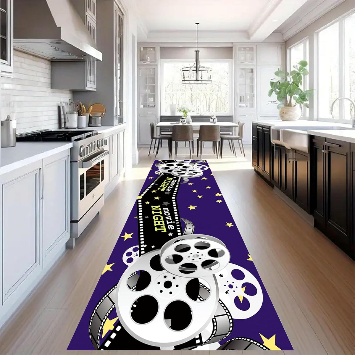Movie Room Runner Rug,2x7ft,Film Ticket Reels and Popcorn Patchwork Patterned Rugs,Movie Night Theme,Non-Slip Door Mat for Kitchen, Hallway, Playroom, Nursery, Yoga Mat