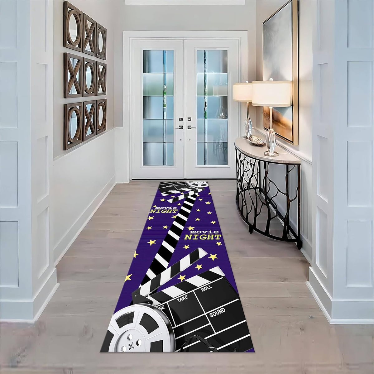 Movie Room Runner Rug,2x7ft,Film Ticket Reels and Popcorn Patchwork Patterned Rugs,Movie Night Theme,Non-Slip Door Mat for Kitchen, Hallway, Playroom, Nursery, Yoga Mat