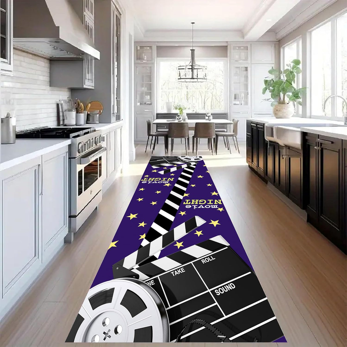 Movie Room Runner Rug,2x7ft,Film Ticket Reels and Popcorn Patchwork Patterned Rugs,Movie Night Theme,Non-Slip Door Mat for Kitchen, Hallway, Playroom, Nursery, Yoga Mat