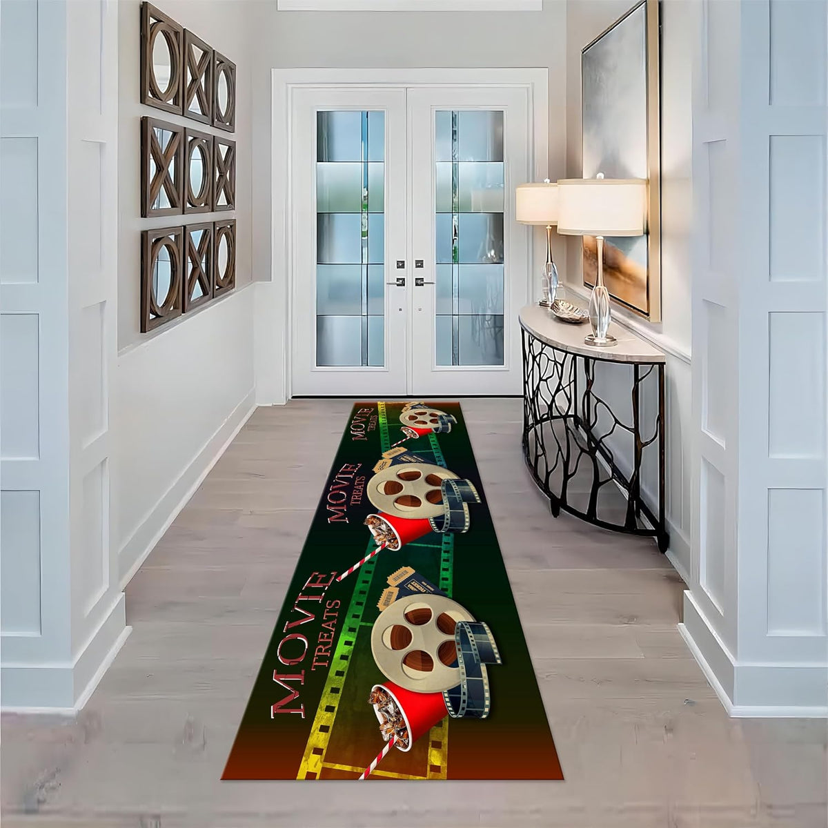 Movie Room Runner Rug,2x7ft,Film Ticket Reels and Popcorn Patchwork Patterned Rugs,Movie Night Theme,Non-Slip Door Mat for Kitchen, Hallway, Playroom, Nursery, Yoga Mat