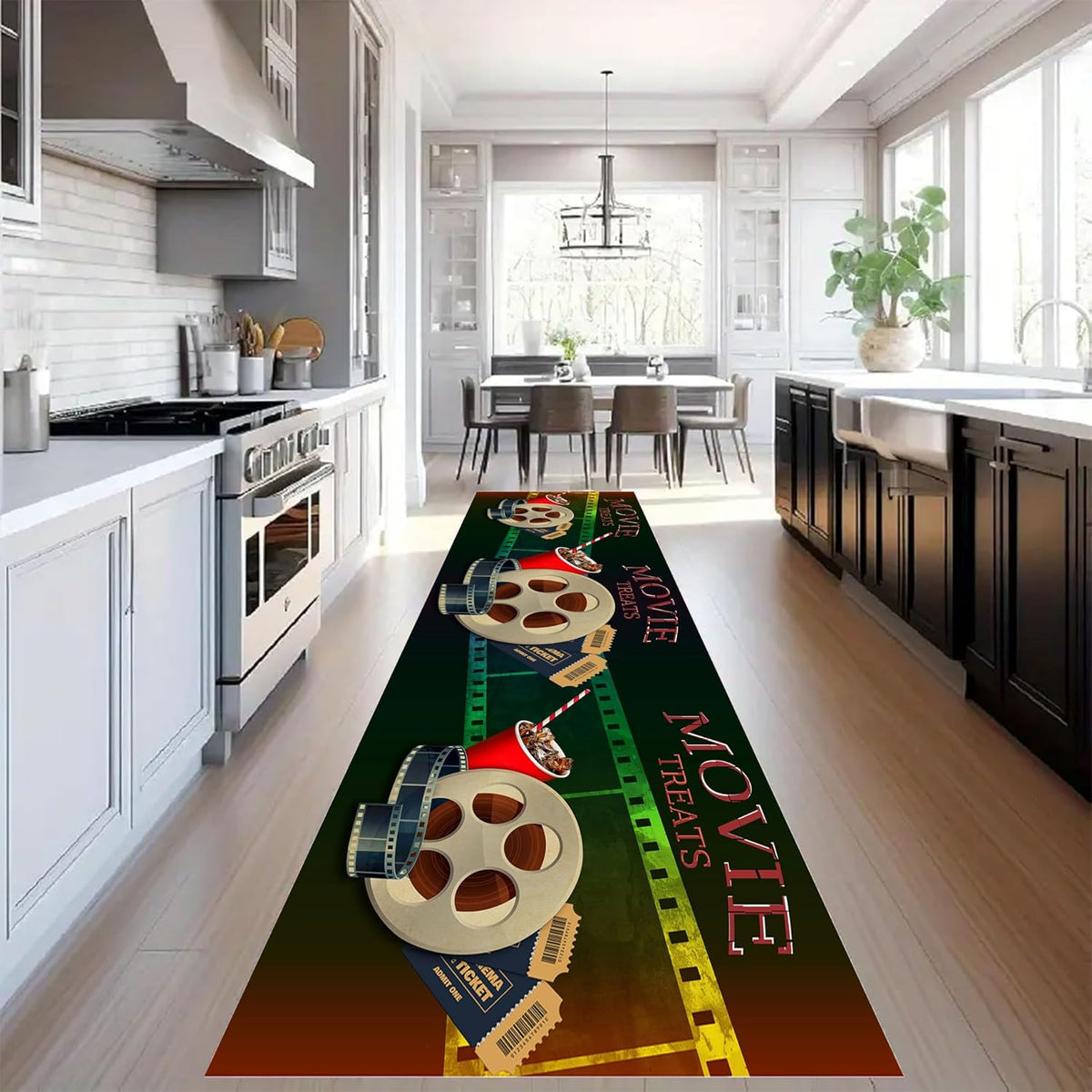 Movie Room Runner Rug,2x7ft,Film Ticket Reels and Popcorn Patchwork Patterned Rugs,Movie Night Theme,Non-Slip Door Mat for Kitchen, Hallway, Playroom, Nursery, Yoga Mat