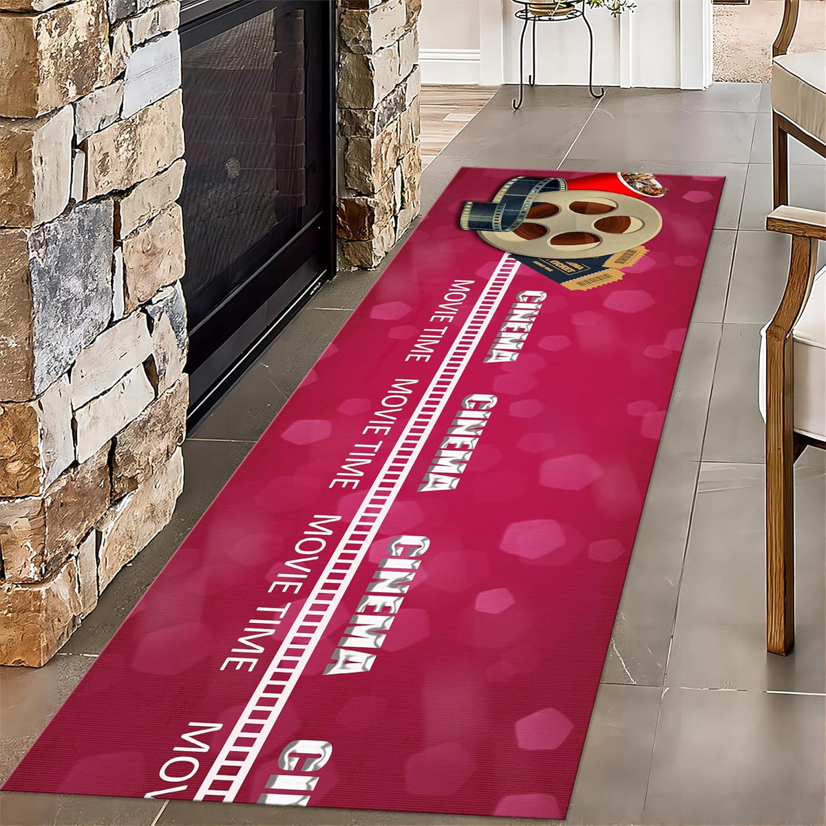 Movie Room Runner Rug,2x7ft,Film Ticket Reels and Popcorn Patchwork Patterned Rugs,Movie Night Theme,Non-Slip Door Mat for Kitchen, Hallway, Playroom, Nursery, Yoga Mat
