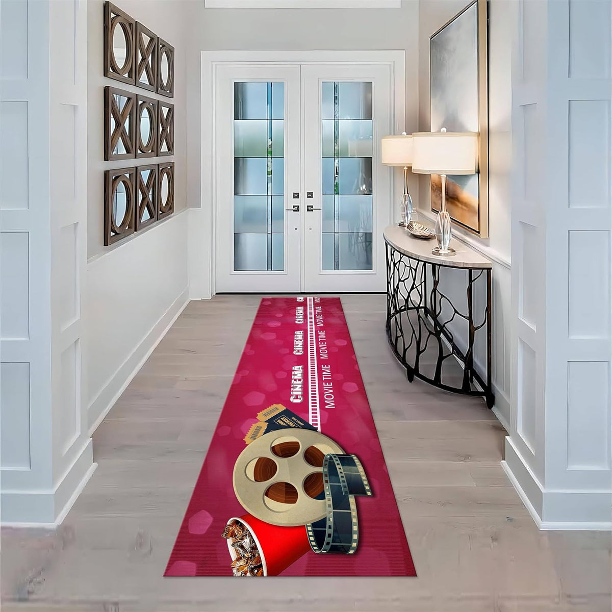 Movie Room Runner Rug,2x7ft,Film Ticket Reels and Popcorn Patchwork Patterned Rugs,Movie Night Theme,Non-Slip Door Mat for Kitchen, Hallway, Playroom, Nursery, Yoga Mat