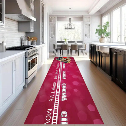 Movie Room Runner Rug,2x7ft,Film Ticket Reels and Popcorn Patchwork Patterned Rugs,Movie Night Theme,Non-Slip Door Mat for Kitchen, Hallway, Playroom, Nursery, Yoga Mat