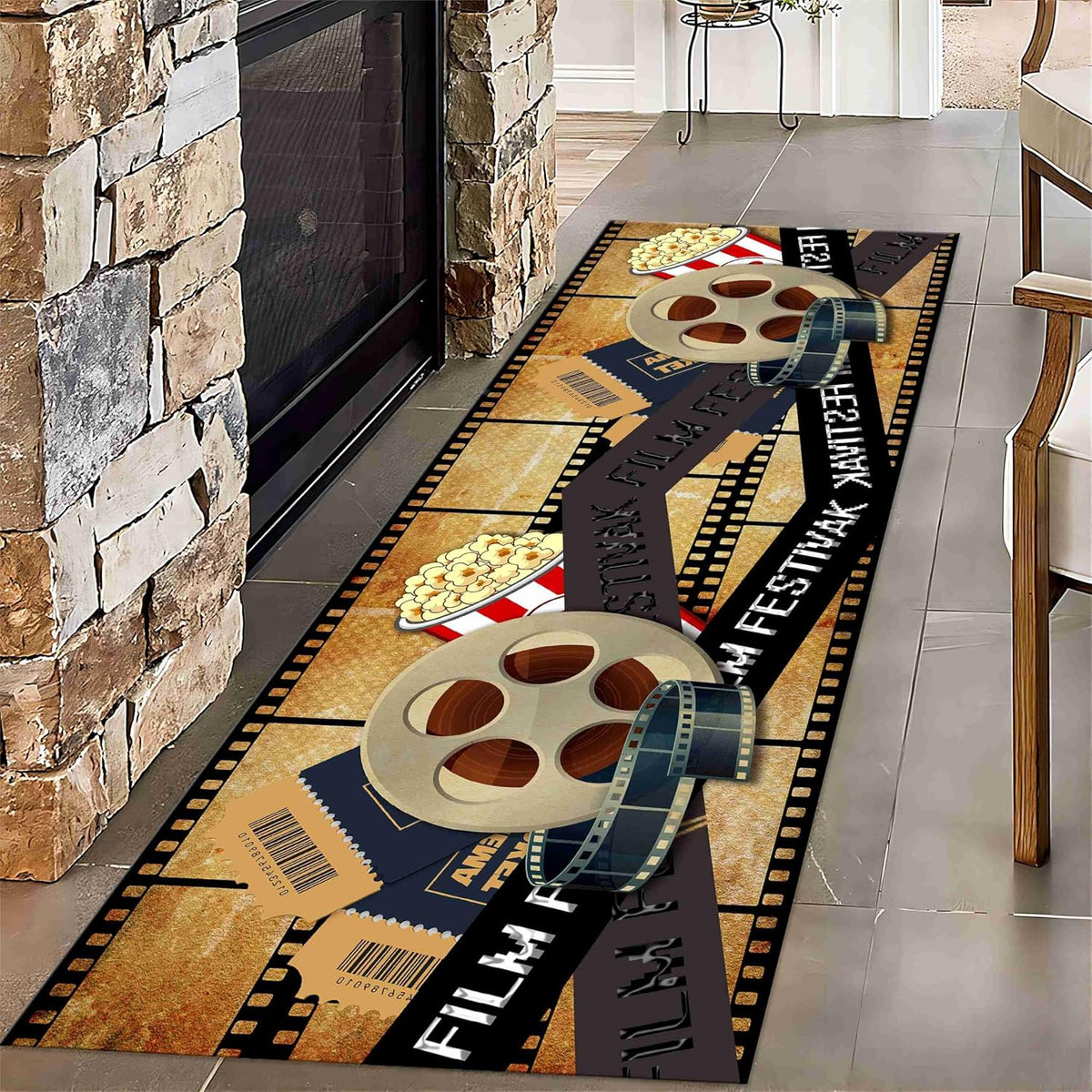 Movie Room Runner Rug,2x7ft,Film Ticket Reels and Popcorn Patchwork Patterned Rugs,Movie Night Theme,Non-Slip Door Mat for Kitchen, Hallway, Playroom, Nursery, Yoga Mat