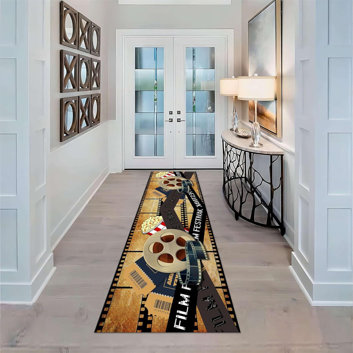Movie Room Runner Rug,2x7ft,Film Ticket Reels and Popcorn Patchwork Patterned Rugs,Movie Night Theme,Non-Slip Door Mat for Kitchen, Hallway, Playroom, Nursery, Yoga Mat