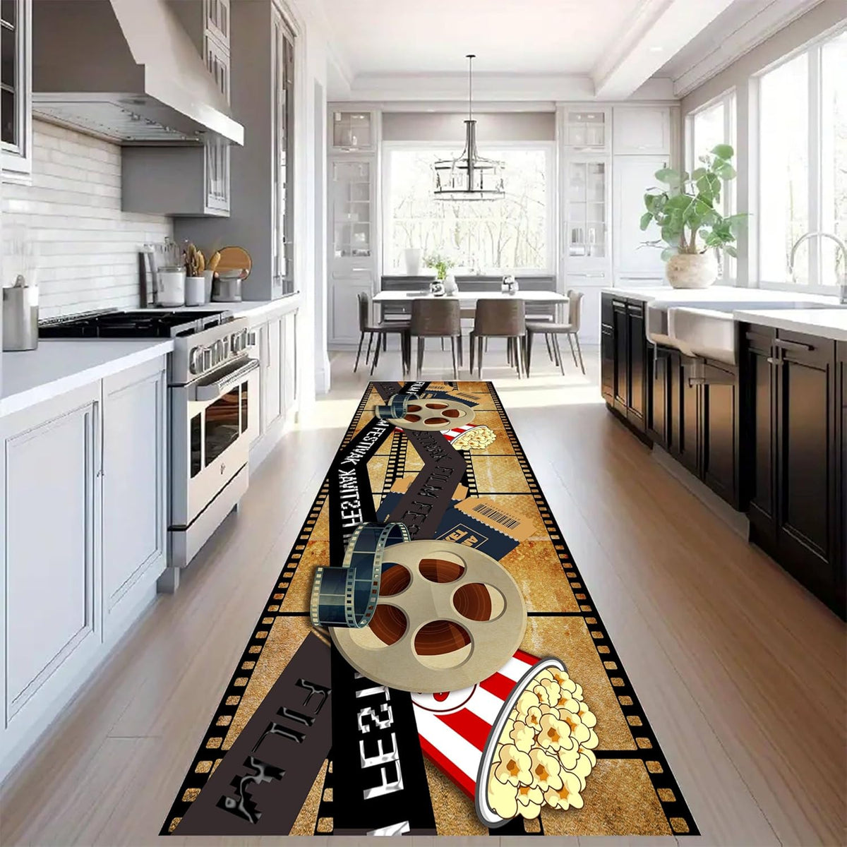 Movie Room Runner Rug,2x7ft,Film Ticket Reels and Popcorn Patchwork Patterned Rugs,Movie Night Theme,Non-Slip Door Mat for Kitchen, Hallway, Playroom, Nursery, Yoga Mat