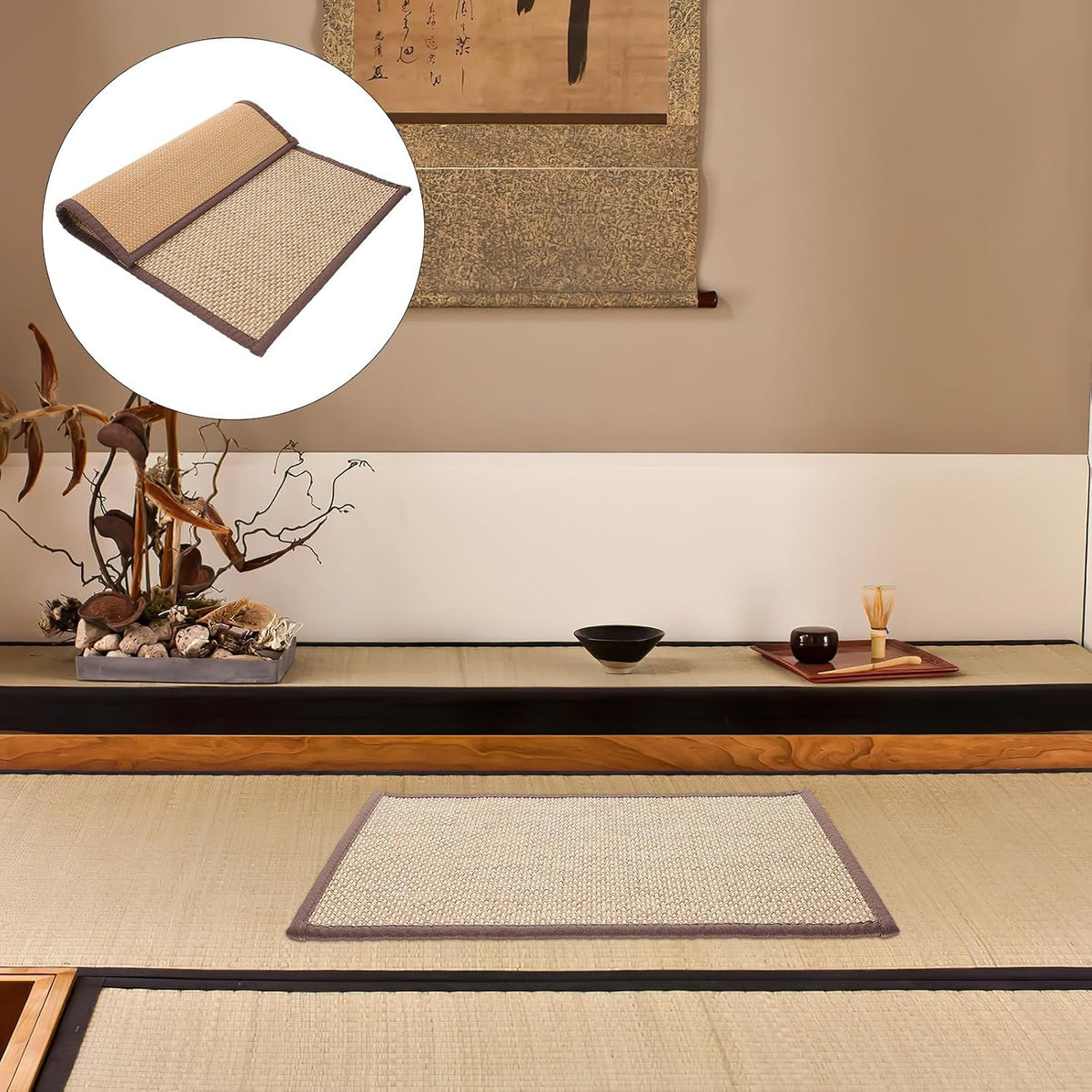 Bamboo Rug Woven Straw Seat Cushion Japanese Style Rattan Futon Sitting Pad Tatami Floor Pillow for Zen Garden Yoga Practice or Meditation Light Brown Japanese Tatami Mat