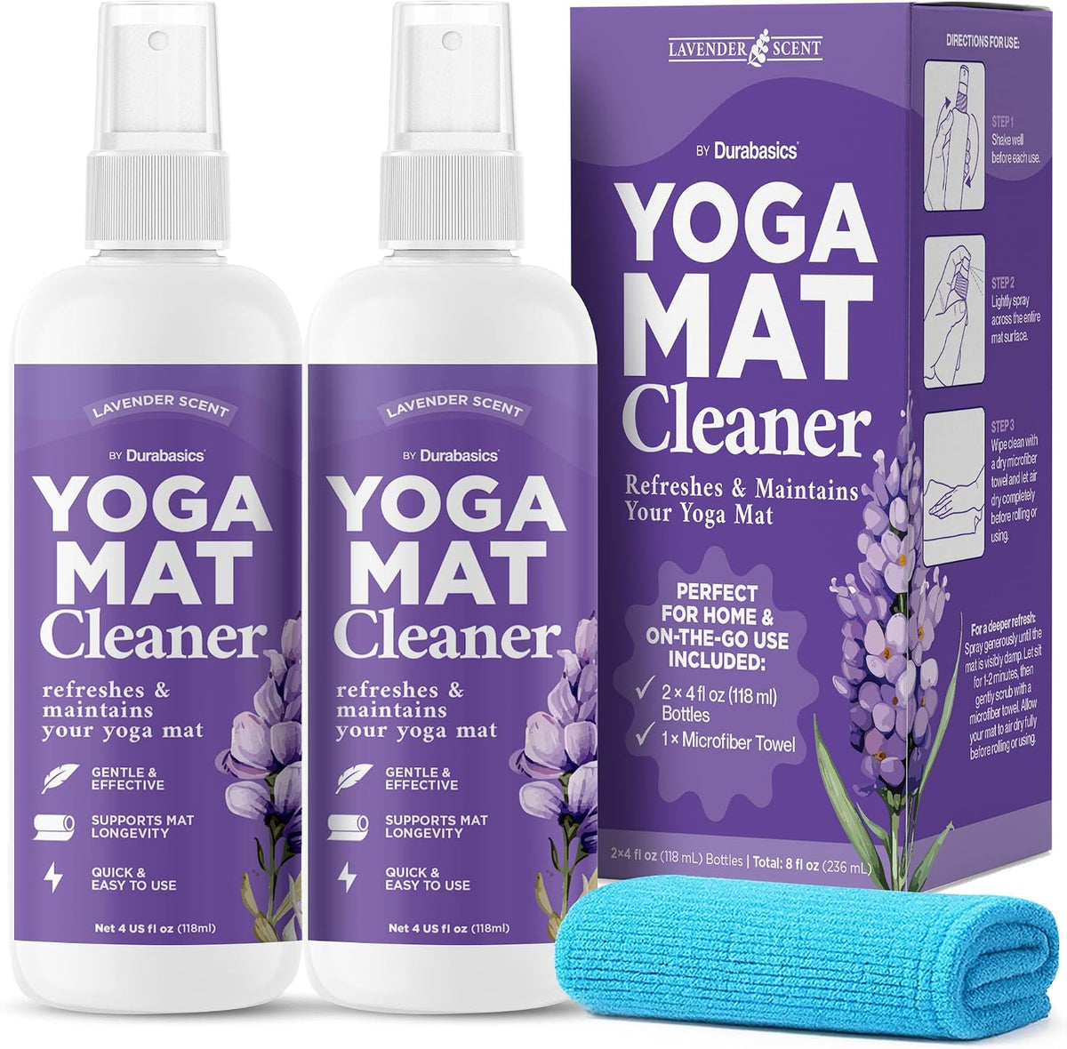 Yoga Mat Cleaner Spray, Lavender, 2 Pack with Microfiber Towel