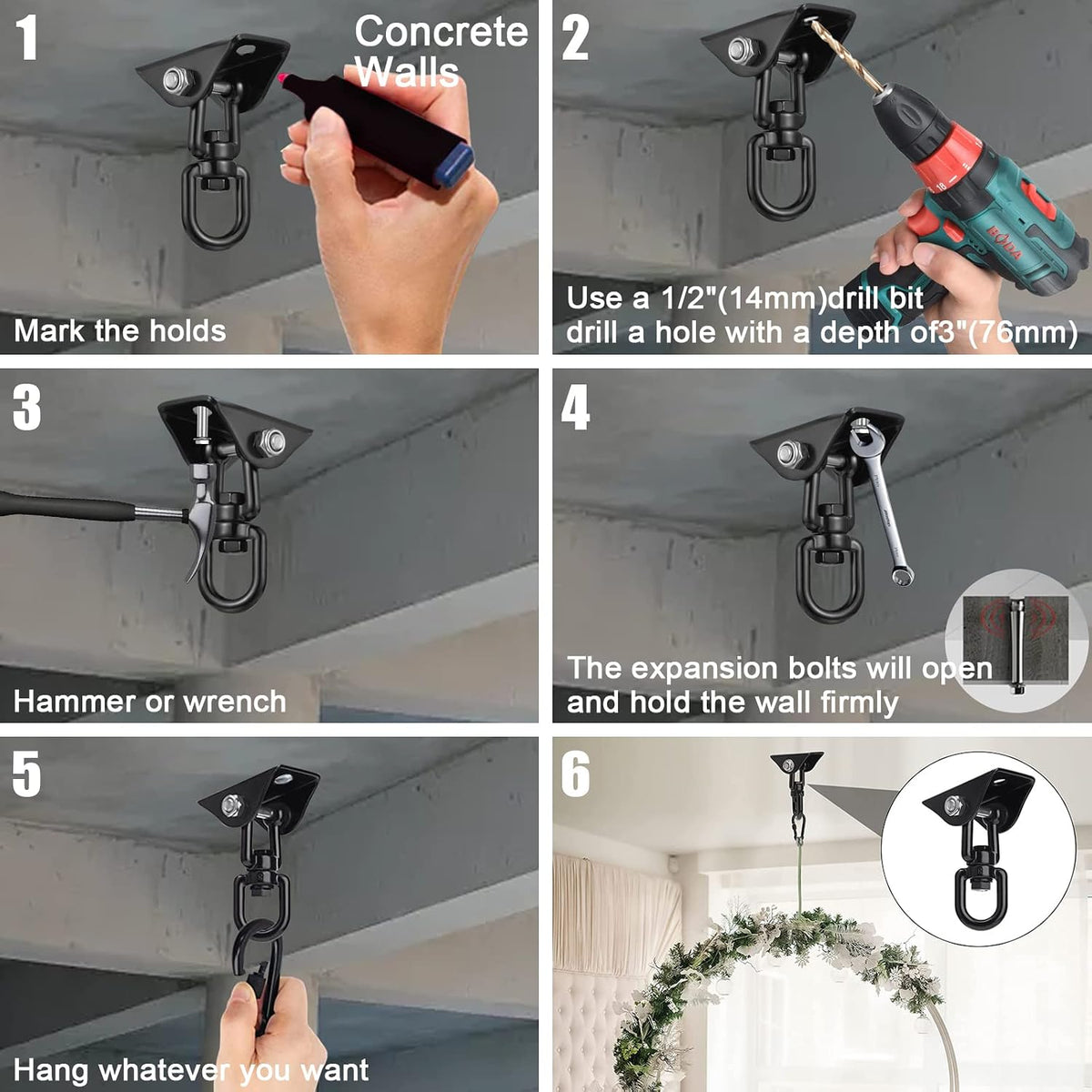 Hammock Hanging Kit,Hanging Chair Hardware 360°Rotating 1000 lb Capacity Hammock Hooks Heavy Duty,Hammock Chair Hanging Kit & Swing Ceiling Hook Snap for Hammock Chair Stand,Seat, Tree,Yoga,Gym(Black)