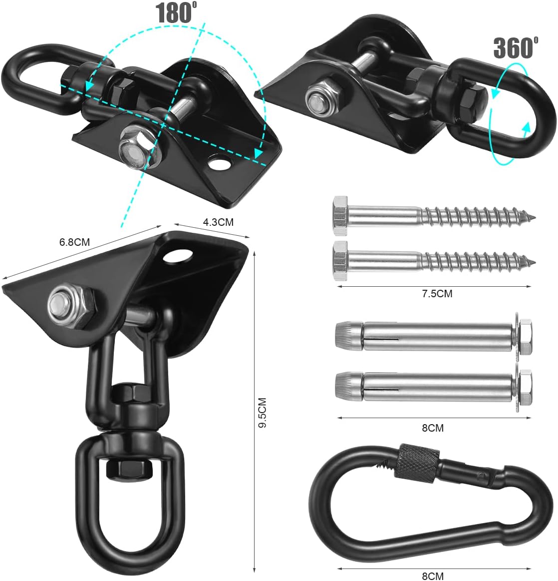Hammock Hanging Kit,Hanging Chair Hardware 360°Rotating 1000 lb Capacity Hammock Hooks Heavy Duty,Hammock Chair Hanging Kit & Swing Ceiling Hook Snap for Hammock Chair Stand,Seat, Tree,Yoga,Gym(Black)