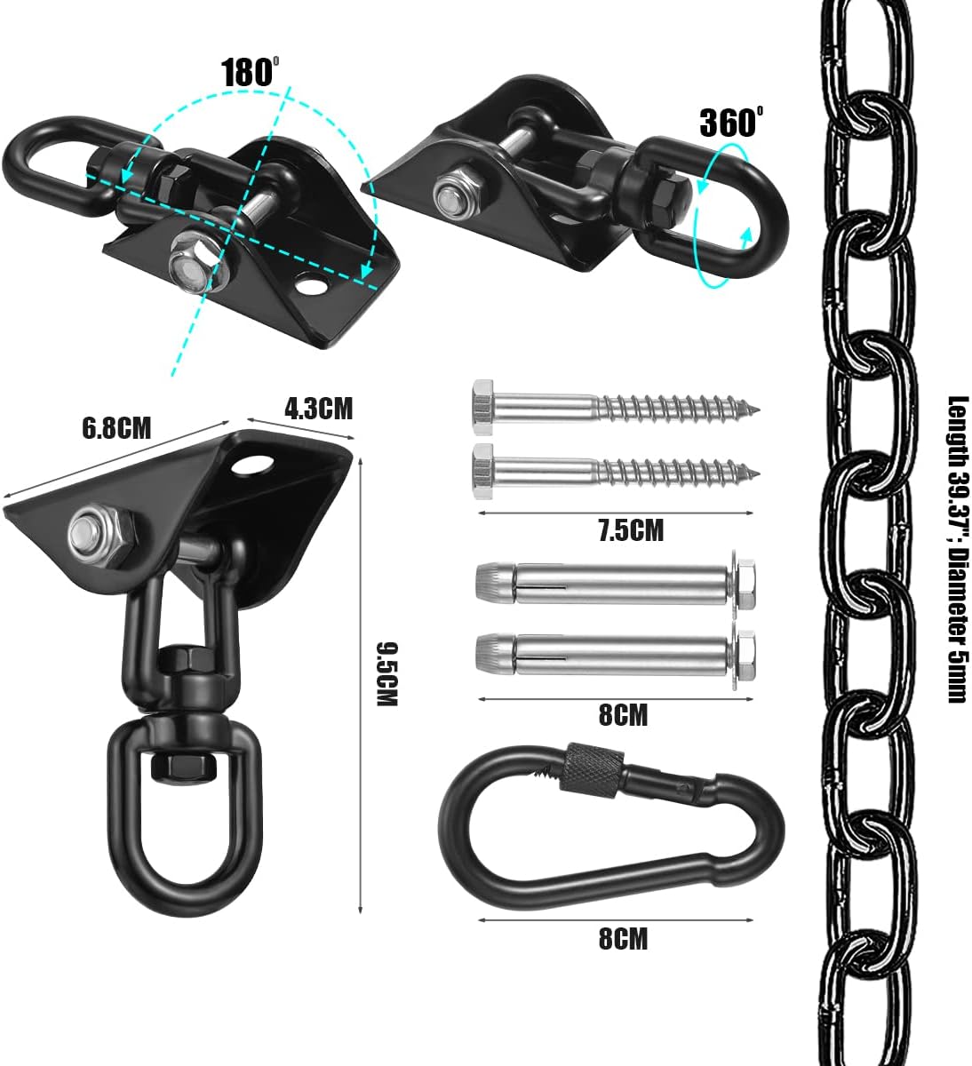 Hammock Hanging Kit,Hanging Chair Hardware 360°Rotating 1000 lb Capacity Hammock Hooks Heavy Duty,Hammock Chair Hanging Kit & Swing Ceiling Hook Snap for Hammock Chair Stand,Seat, Tree,Yoga,Gym(Black)