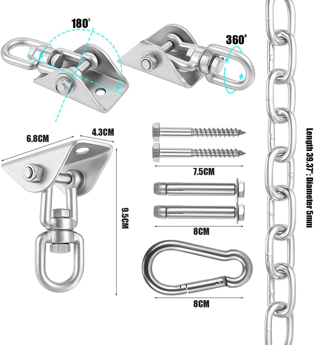 Hammock Hanging Kit,Hanging Chair Hardware 360°Rotating 1000 lb Capacity Hammock Hooks Heavy Duty,Hammock Chair Hanging Kit & Swing Ceiling Hook Snap for Hammock Chair Stand,Seat, Tree,Yoga,Gym(Black)