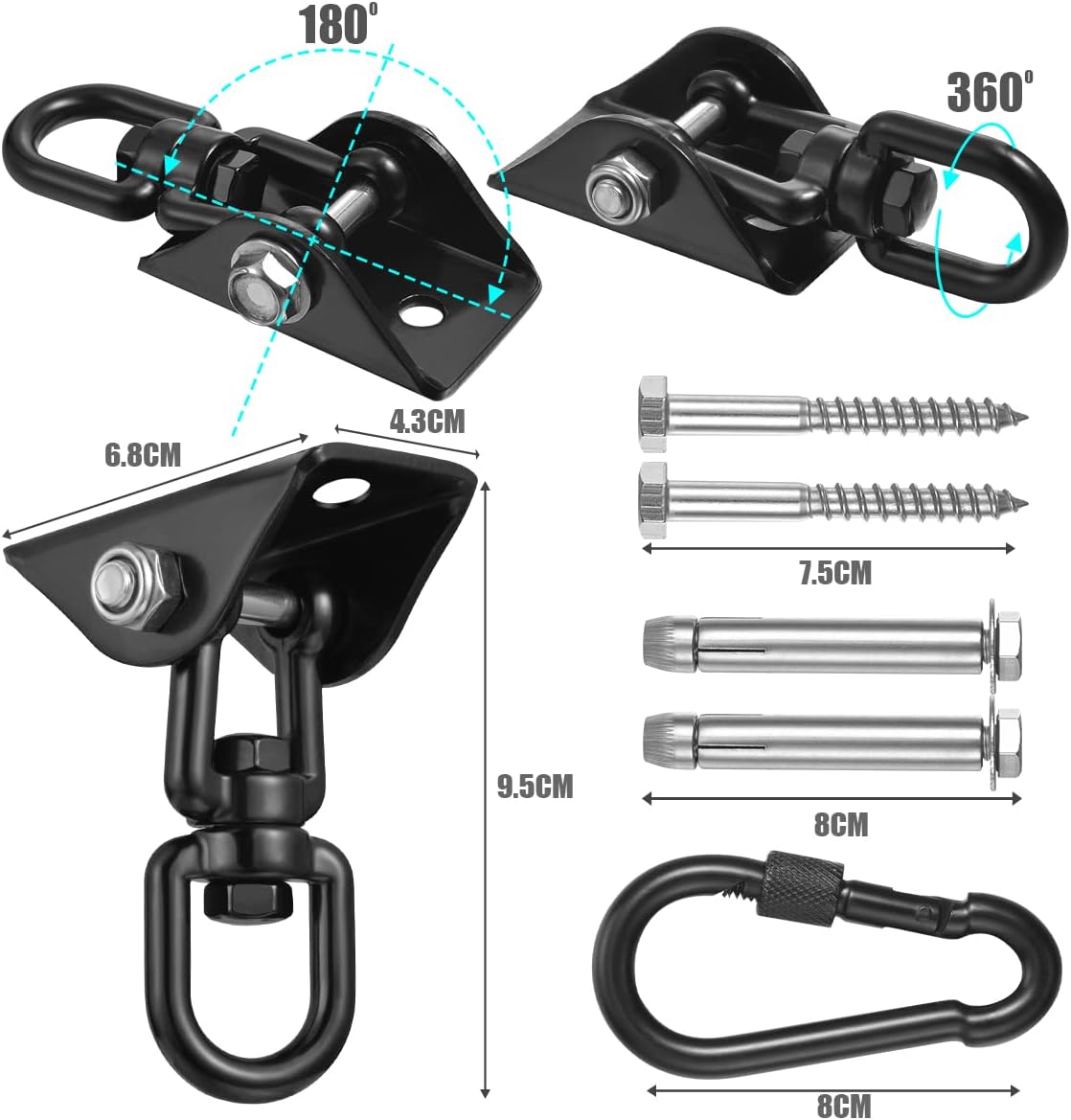 Hammock Hanging Kit,Hanging Chair Hardware 360°Rotating 1000 lb Capacity Hammock Hooks Heavy Duty,Hammock Chair Hanging Kit & Swing Ceiling Hook Snap for Hammock Chair Stand,Seat, Tree,Yoga,Gym(Black)