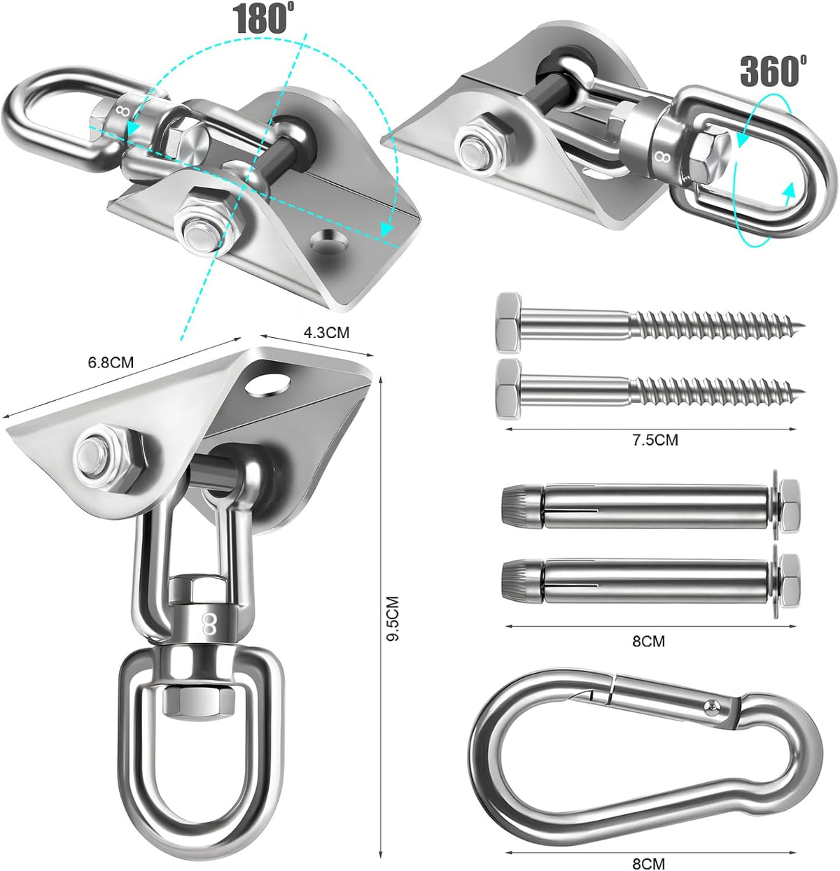 Hammock Hanging Kit,Hanging Chair Hardware 360°Rotating 1000 lb Capacity Hammock Hooks Heavy Duty,Hammock Chair Hanging Kit & Swing Ceiling Hook Snap for Hammock Chair Stand,Seat, Tree,Yoga,Gym(Black)