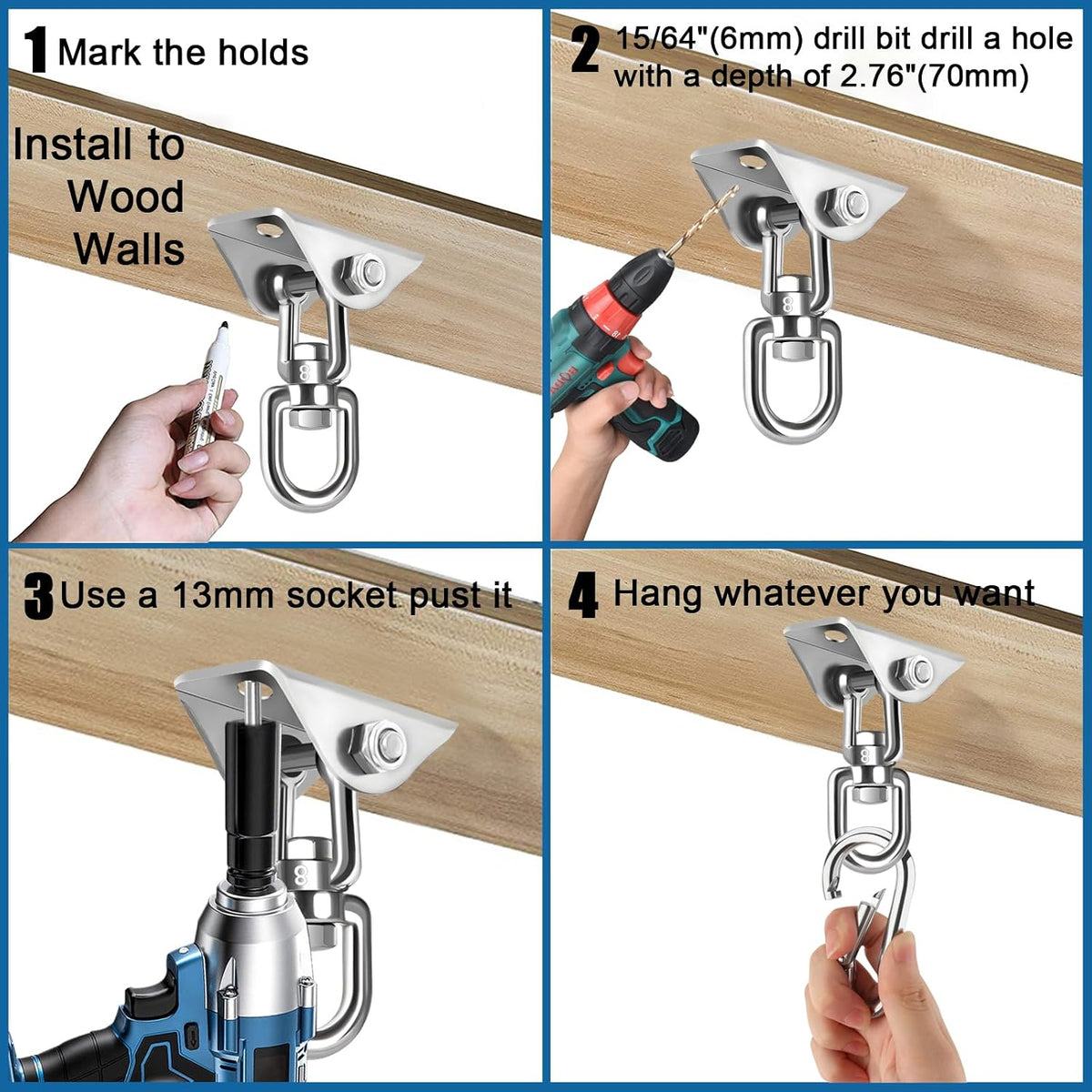 Hammock Hanging Kit,Hanging Chair Hardware 360°Rotating 1000 lb Capacity Hammock Hooks Heavy Duty,Hammock Chair Hanging Kit & Swing Ceiling Hook Snap for Hammock Chair Stand,Seat, Tree,Yoga,Gym(Black)