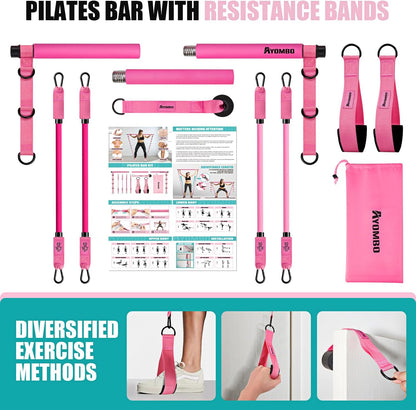 Pilates Bar Kit with Resistance Bands, Pilates Workout Equipment for Legs, Hip, Waist, Arm, Squats Exercise Equipment for Home Workouts, Adjustable 3-Section Pilates Bar Kit for Women & Men