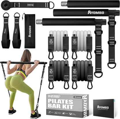 Pilates Bar Kit with Resistance Bands, Pilates Workout Equipment for Legs, Hip, Waist, Arm, Squats Exercise Equipment for Home Workouts, Adjustable 3-Section Pilates Bar Kit for Women & Men