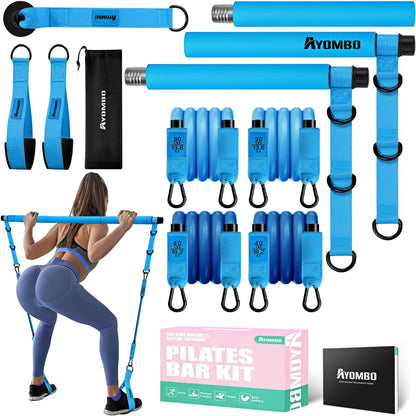 Pilates Bar Kit with Resistance Bands, Pilates Workout Equipment for Legs, Hip, Waist, Arm, Squats Exercise Equipment for Home Workouts, Adjustable 3-Section Pilates Bar Kit for Women & Men