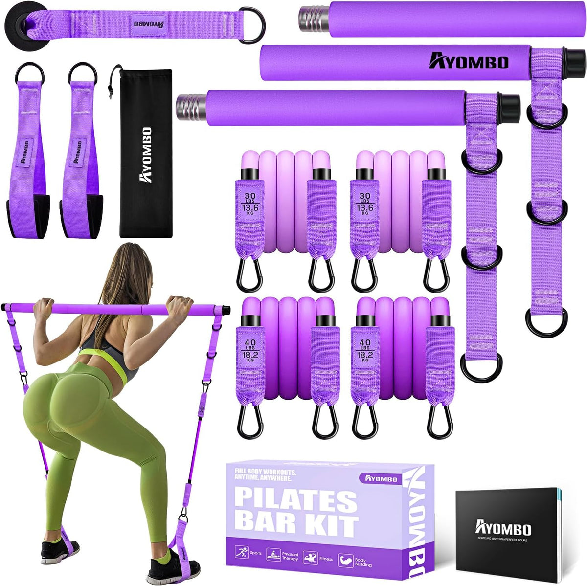 Pilates Bar Kit with Resistance Bands, Pilates Workout Equipment for Legs, Hip, Waist, Arm, Squats Exercise Equipment for Home Workouts, Adjustable 3-Section Pilates Bar Kit for Women & Men