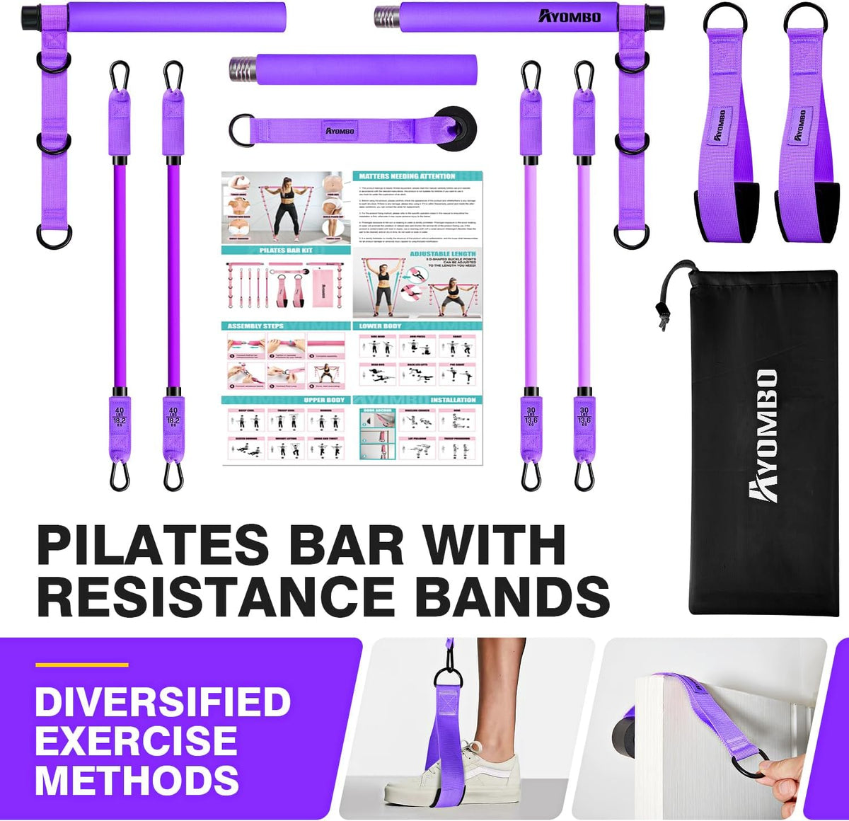 Pilates Bar Kit with Resistance Bands, Pilates Workout Equipment for Legs, Hip, Waist, Arm, Squats Exercise Equipment for Home Workouts, Adjustable 3-Section Pilates Bar Kit for Women & Men
