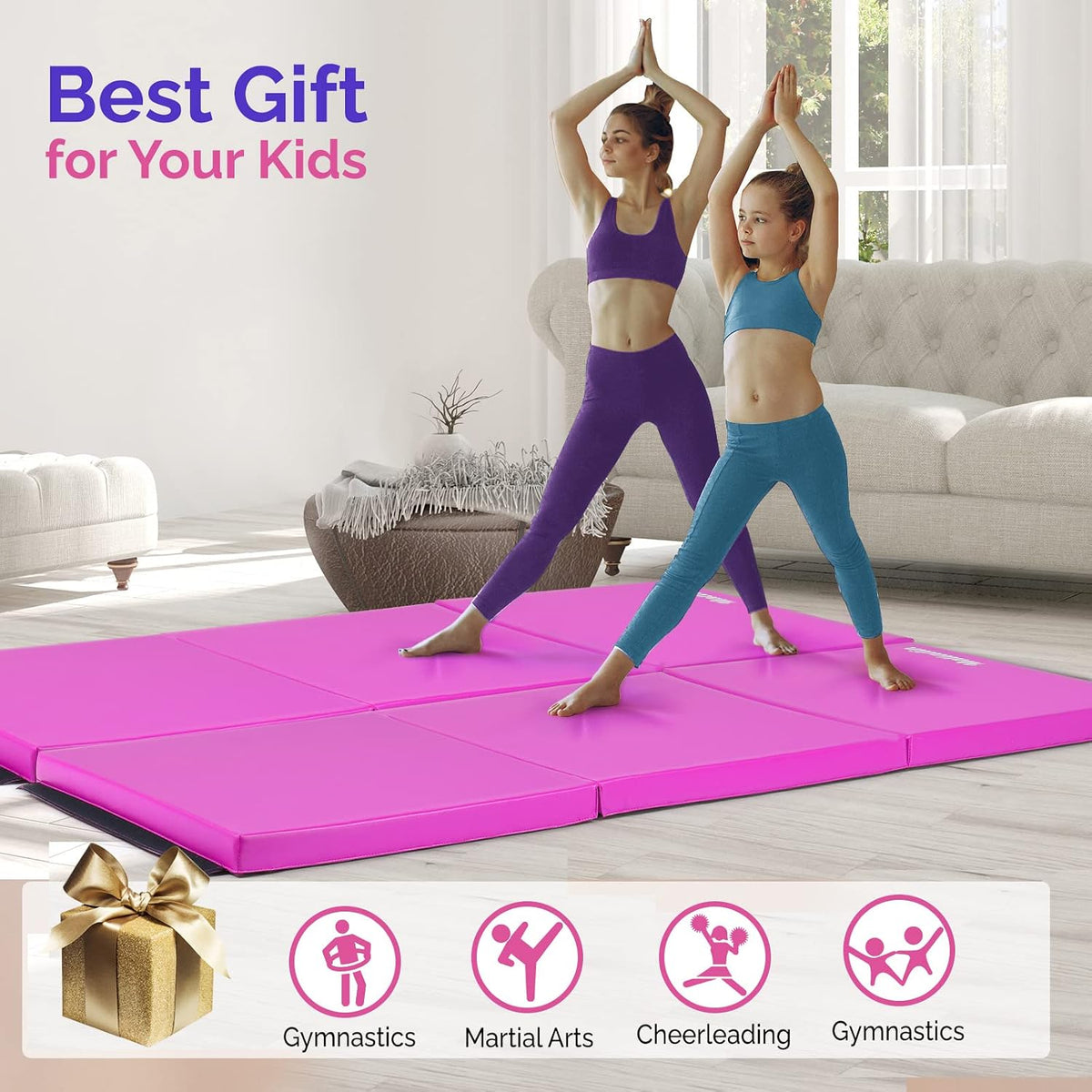 6' Folding Tri-fold Gymnastics Gym Exercise Aerobics Mat, 6ft x 2ft x 2in PU Leather Tumbling Mats with Hook & Loop Fastener for Stretching Yoga Cheerleading Martial Arts
