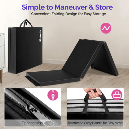6' Folding Tri-fold Gymnastics Gym Exercise Aerobics Mat, 6ft x 2ft x 2in PU Leather Tumbling Mats with Hook & Loop Fastener for Stretching Yoga Cheerleading Martial Arts
