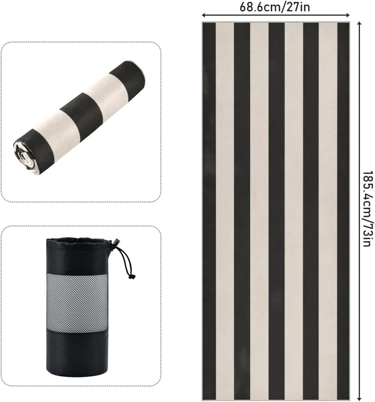Black White Stripe Yoga Mat Towel 73"x27" Suede Surface Non-Slip Yoga Towel for Hot Yoga, Pilates and Workout, Machine Washable