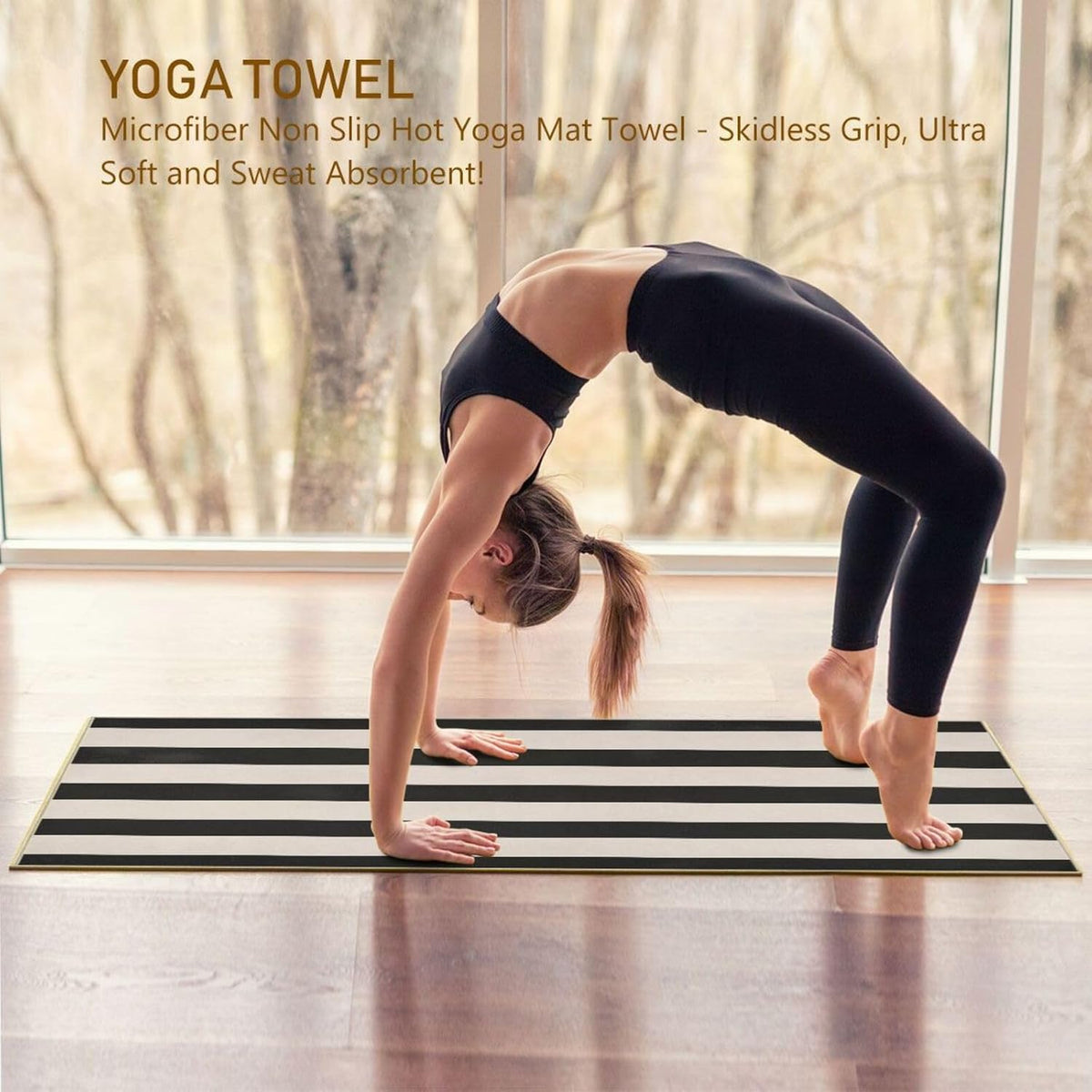 Black White Stripe Yoga Mat Towel 73"x27" Suede Surface Non-Slip Yoga Towel for Hot Yoga, Pilates and Workout, Machine Washable