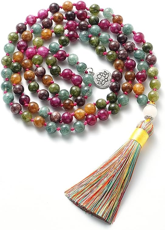 108 Mala Prayer Beads Necklace Natural Stones Meditation Yoga Jewery 108 Hand Knotted Japa Mala Beaded Long Tassel Necklace with Tree of Life Pendant for Men and Women