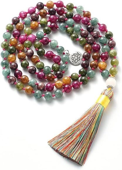 108 Mala Prayer Beads Necklace Natural Stones Meditation Yoga Jewery 108 Hand Knotted Japa Mala Beaded Long Tassel Necklace with Tree of Life Pendant for Men and Women