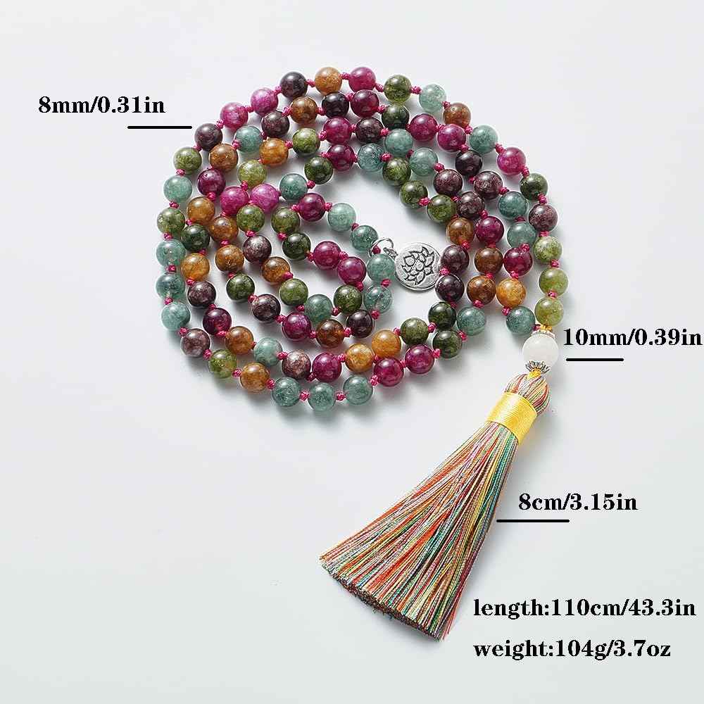 108 Mala Prayer Beads Necklace Natural Stones Meditation Yoga Jewery 108 Hand Knotted Japa Mala Beaded Long Tassel Necklace with Tree of Life Pendant for Men and Women
