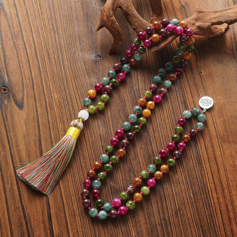 108 Mala Prayer Beads Necklace Natural Stones Meditation Yoga Jewery 108 Hand Knotted Japa Mala Beaded Long Tassel Necklace with Tree of Life Pendant for Men and Women