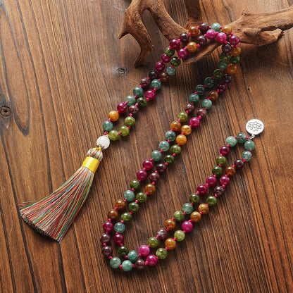 108 Mala Prayer Beads Necklace Natural Stones Meditation Yoga Jewery 108 Hand Knotted Japa Mala Beaded Long Tassel Necklace with Tree of Life Pendant for Men and Women