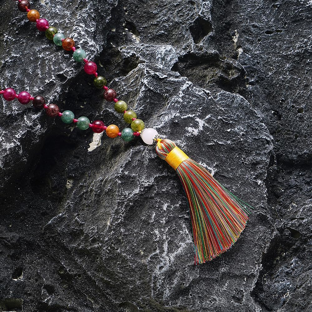 108 Mala Prayer Beads Necklace Natural Stones Meditation Yoga Jewery 108 Hand Knotted Japa Mala Beaded Long Tassel Necklace with Tree of Life Pendant for Men and Women