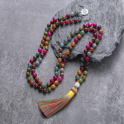 108 Mala Prayer Beads Necklace Natural Stones Meditation Yoga Jewery 108 Hand Knotted Japa Mala Beaded Long Tassel Necklace with Tree of Life Pendant for Men and Women