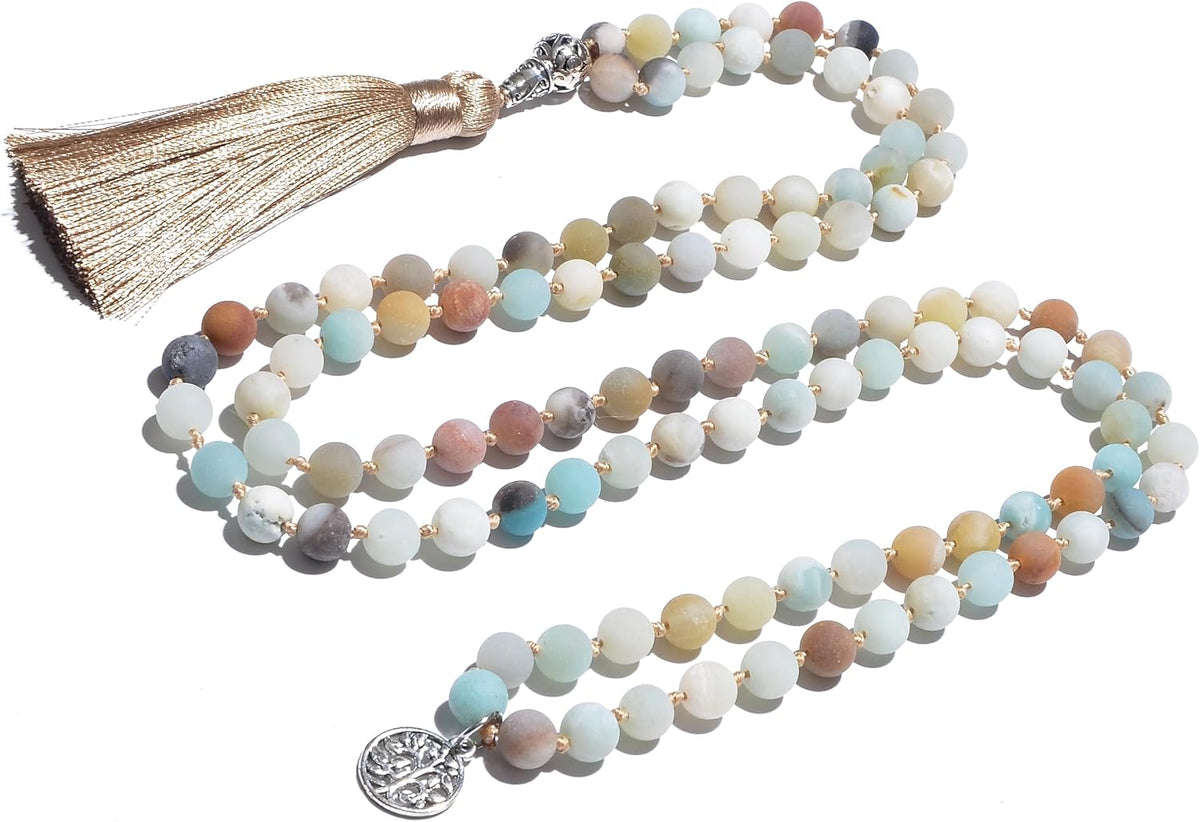 108 Mala Prayer Beads Necklace Natural Stones Meditation Yoga Jewery 108 Hand Knotted Japa Mala Beaded Long Tassel Necklace with Tree of Life Pendant for Men and Women