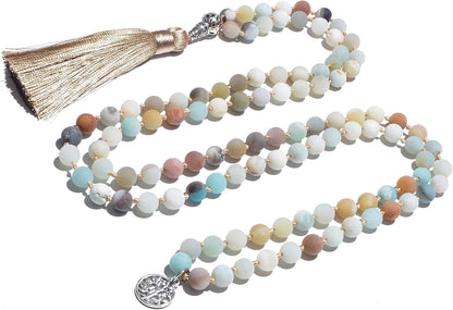 108 Mala Prayer Beads Necklace Natural Stones Meditation Yoga Jewery 108 Hand Knotted Japa Mala Beaded Long Tassel Necklace with Tree of Life Pendant for Men and Women