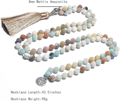108 Mala Prayer Beads Necklace Natural Stones Meditation Yoga Jewery 108 Hand Knotted Japa Mala Beaded Long Tassel Necklace with Tree of Life Pendant for Men and Women