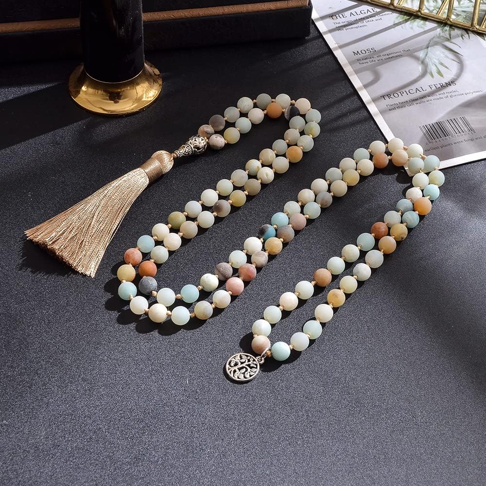 108 Mala Prayer Beads Necklace Natural Stones Meditation Yoga Jewery 108 Hand Knotted Japa Mala Beaded Long Tassel Necklace with Tree of Life Pendant for Men and Women