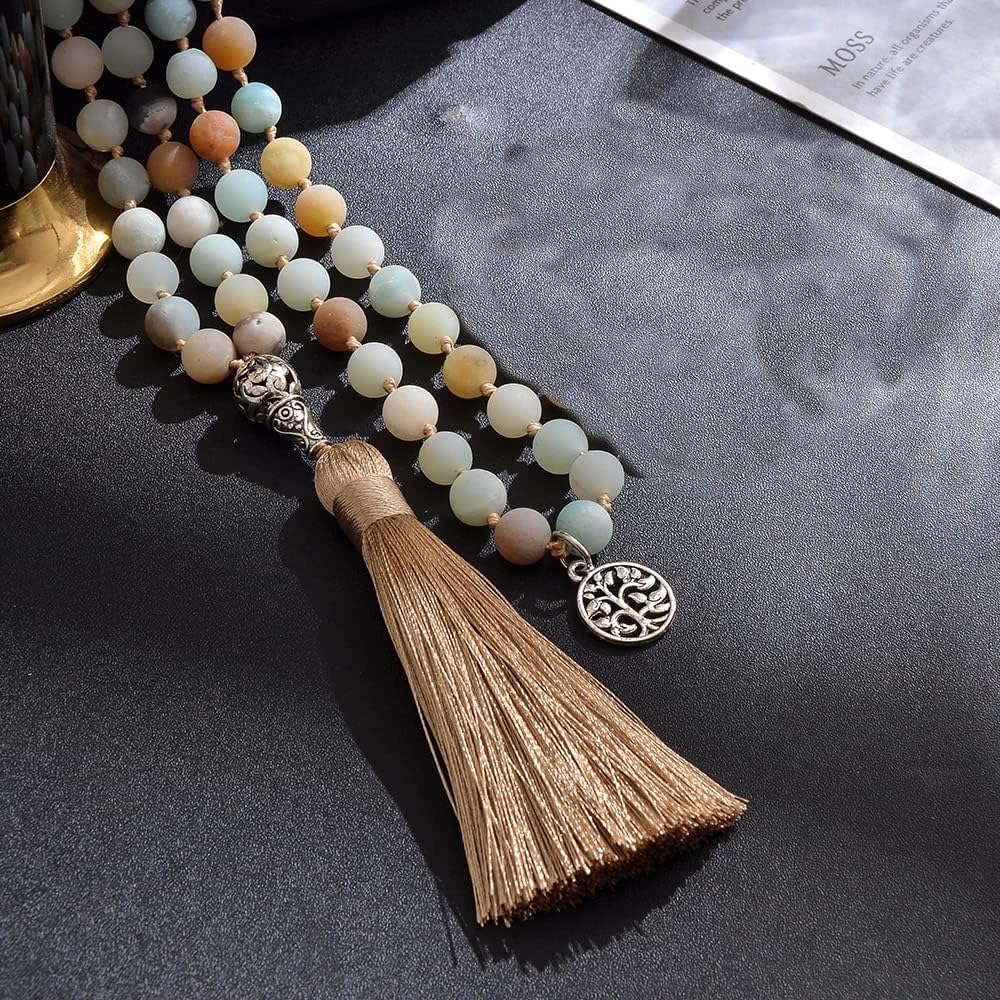 108 Mala Prayer Beads Necklace Natural Stones Meditation Yoga Jewery 108 Hand Knotted Japa Mala Beaded Long Tassel Necklace with Tree of Life Pendant for Men and Women
