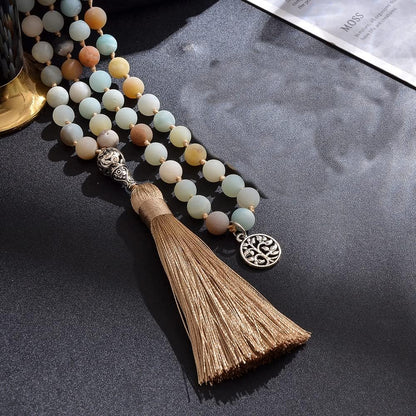 108 Mala Prayer Beads Necklace Natural Stones Meditation Yoga Jewery 108 Hand Knotted Japa Mala Beaded Long Tassel Necklace with Tree of Life Pendant for Men and Women