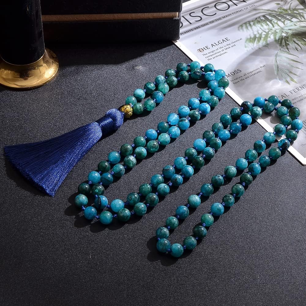 108 Mala Prayer Beads Necklace Natural Stones Meditation Yoga Jewery 108 Hand Knotted Japa Mala Beaded Long Tassel Necklace with Tree of Life Pendant for Men and Women