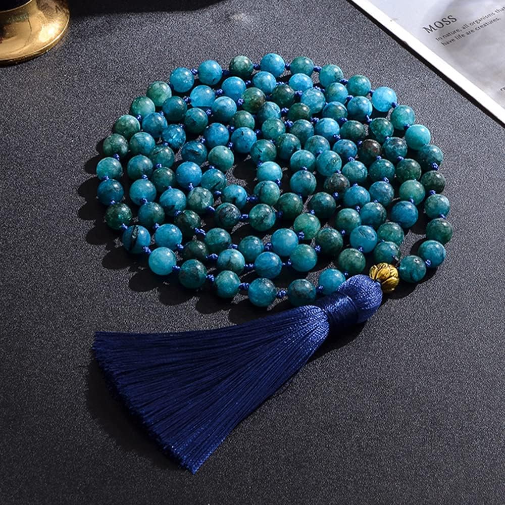 108 Mala Prayer Beads Necklace Natural Stones Meditation Yoga Jewery 108 Hand Knotted Japa Mala Beaded Long Tassel Necklace with Tree of Life Pendant for Men and Women
