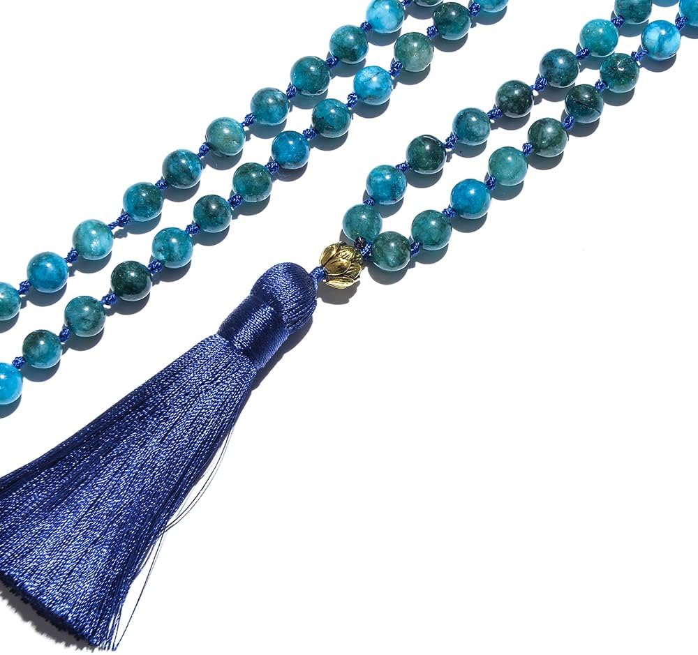 108 Mala Prayer Beads Necklace Natural Stones Meditation Yoga Jewery 108 Hand Knotted Japa Mala Beaded Long Tassel Necklace with Tree of Life Pendant for Men and Women