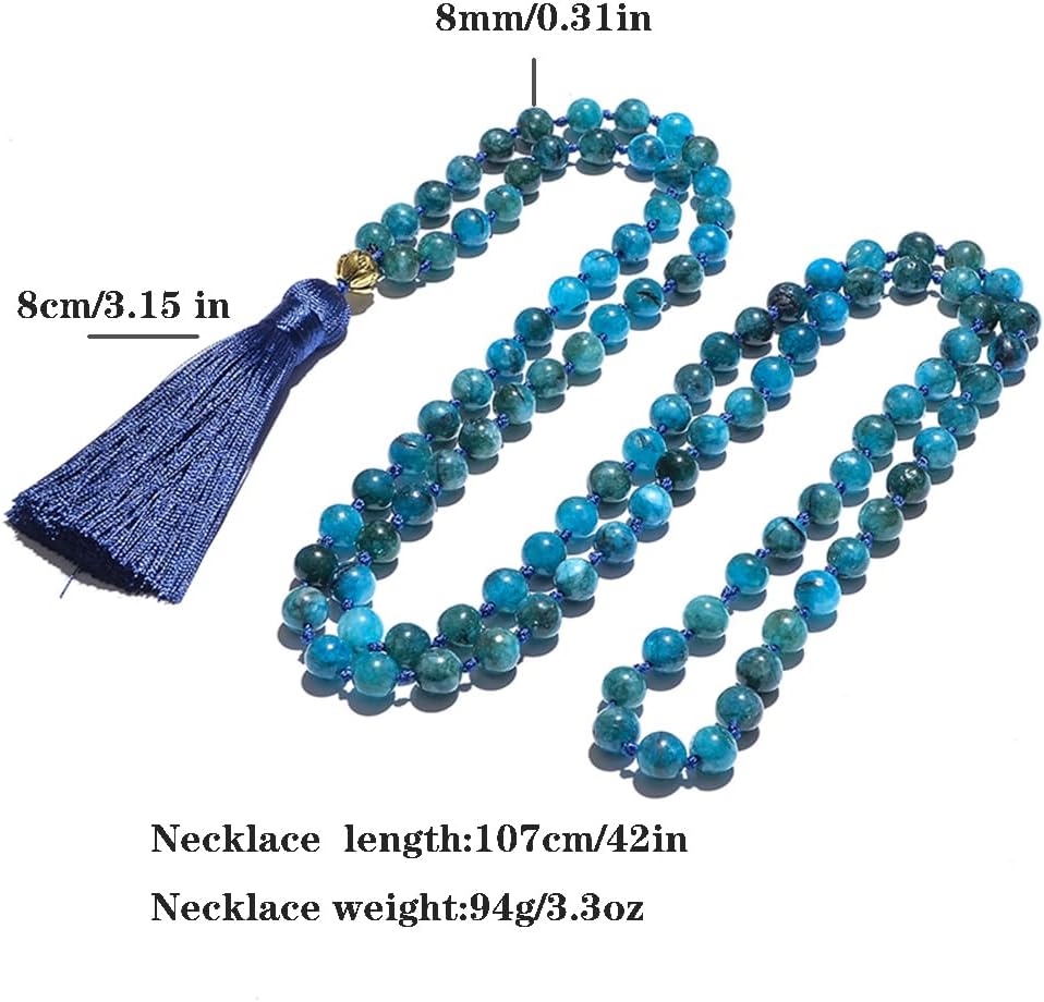 108 Mala Prayer Beads Necklace Natural Stones Meditation Yoga Jewery 108 Hand Knotted Japa Mala Beaded Long Tassel Necklace with Tree of Life Pendant for Men and Women