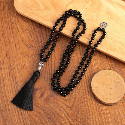 108 Mala Prayer Beads Necklace Natural Stones Meditation Yoga Jewery 108 Hand Knotted Japa Mala Beaded Long Tassel Necklace with Tree of Life Pendant for Men and Women