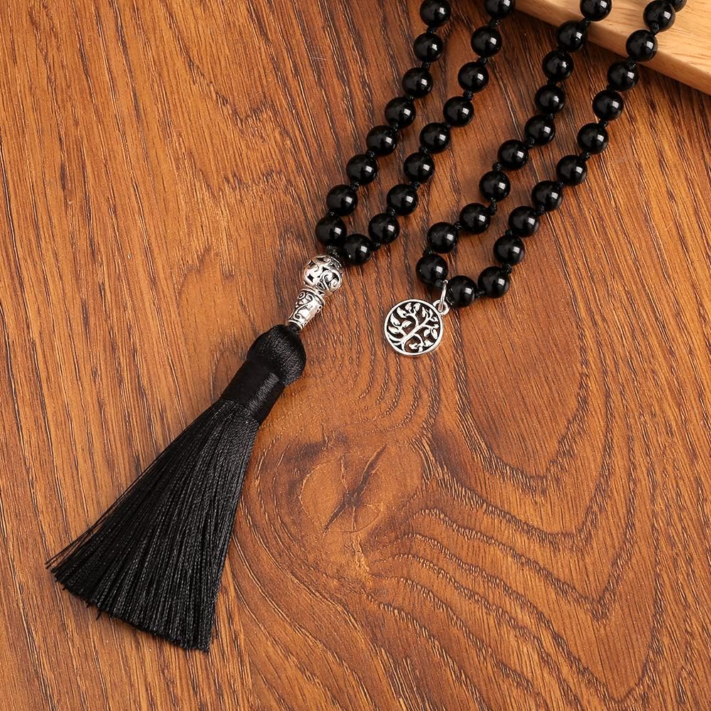 108 Mala Prayer Beads Necklace Natural Stones Meditation Yoga Jewery 108 Hand Knotted Japa Mala Beaded Long Tassel Necklace with Tree of Life Pendant for Men and Women
